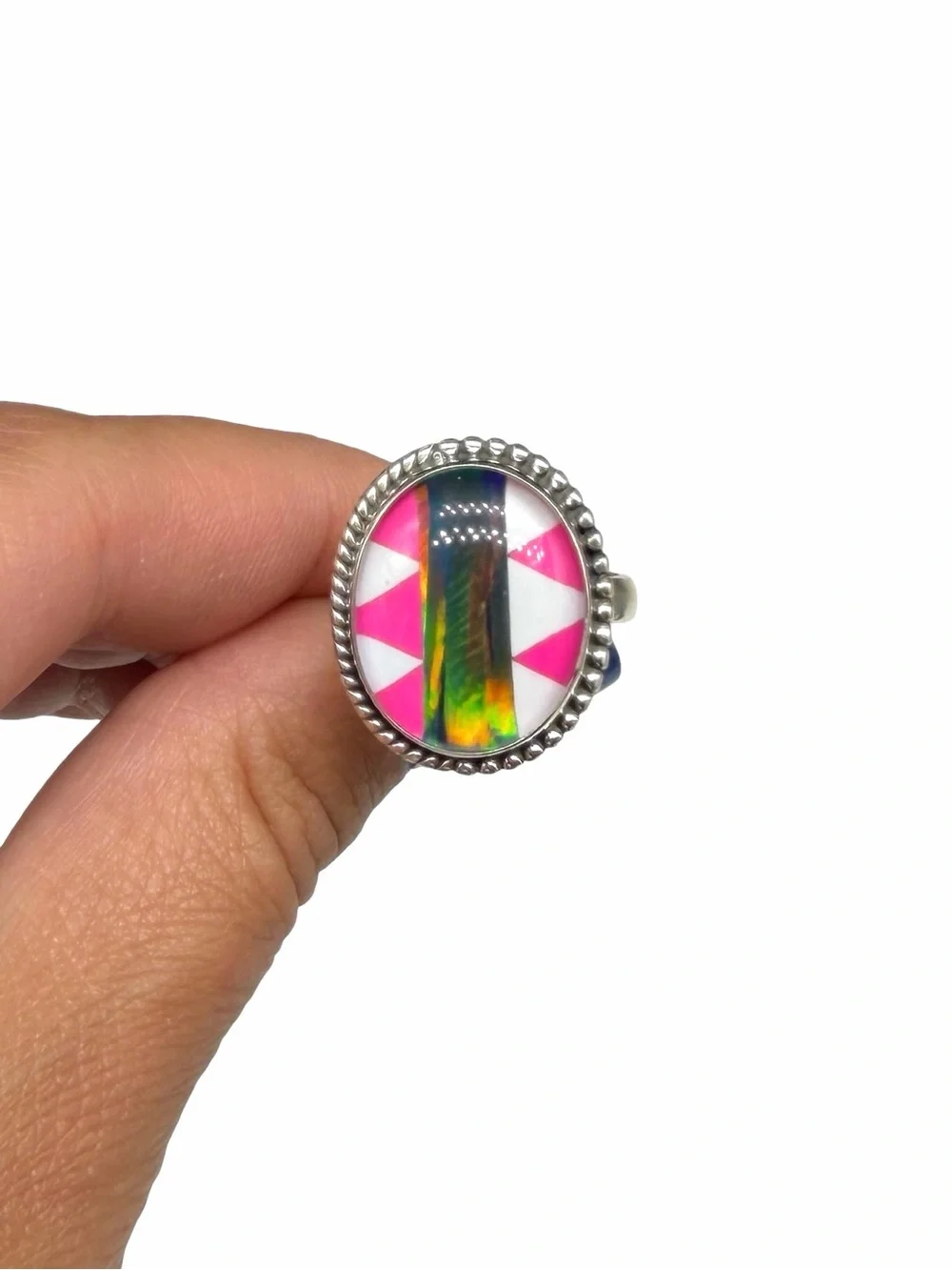 Aurora Fire Opal Stripe Ring Size 7.5 Solid 925 Sterling Silver Hot Pink White